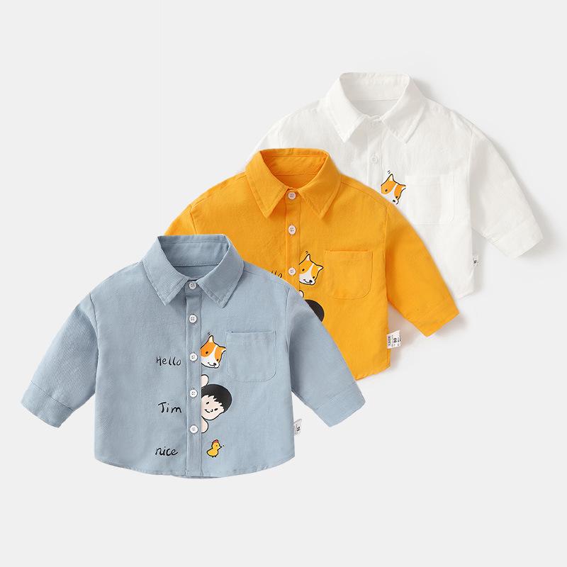 シャツ ベビー キッズ 男の子 女の子 長袖 韓国風 かわいい おしゃれ 春秋 キャラクター カジュアル スタンドカラー 綿混 ソフトタッチ トップス ブルー イエロー ホワイト