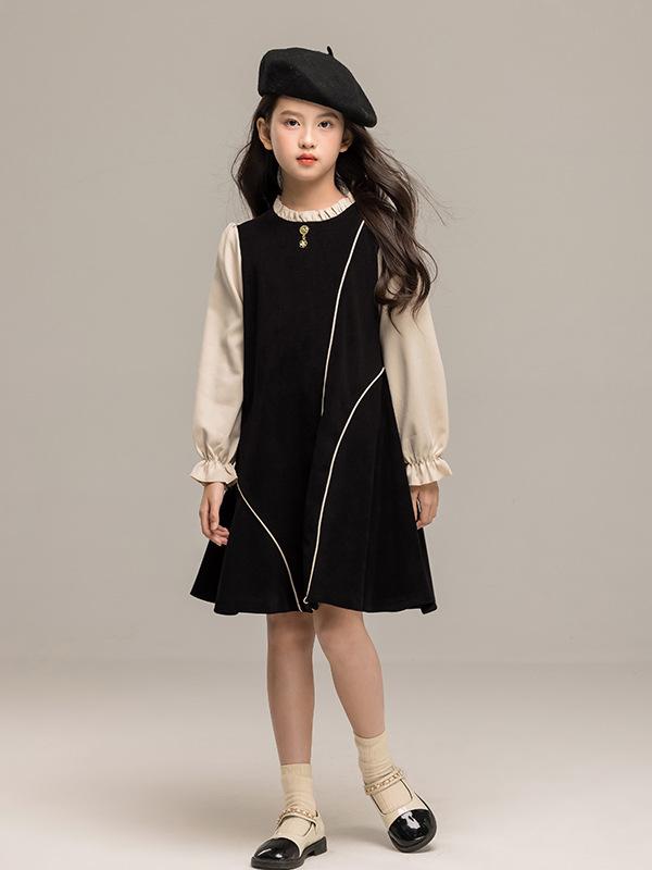 ワンピース 女の子 ジュニア 秋冬 フェイクツーピース バイカラー プリンセスドレス 韓国風 高級感 おしゃれ 上品 長袖 ポリエステル ソフト加工 普段使い 通学 ブラック