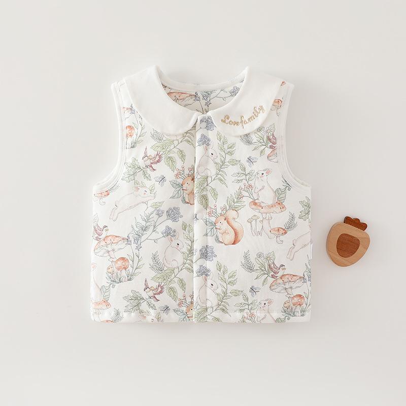 ベビーベスト 新生児 男の子 女の子 男女兼用 春秋 中綿入り 薄手 保温性 コットン 綿100% 起毛 前開き かわいい キャラクター柄 総柄 普段使い お出かけ アウター