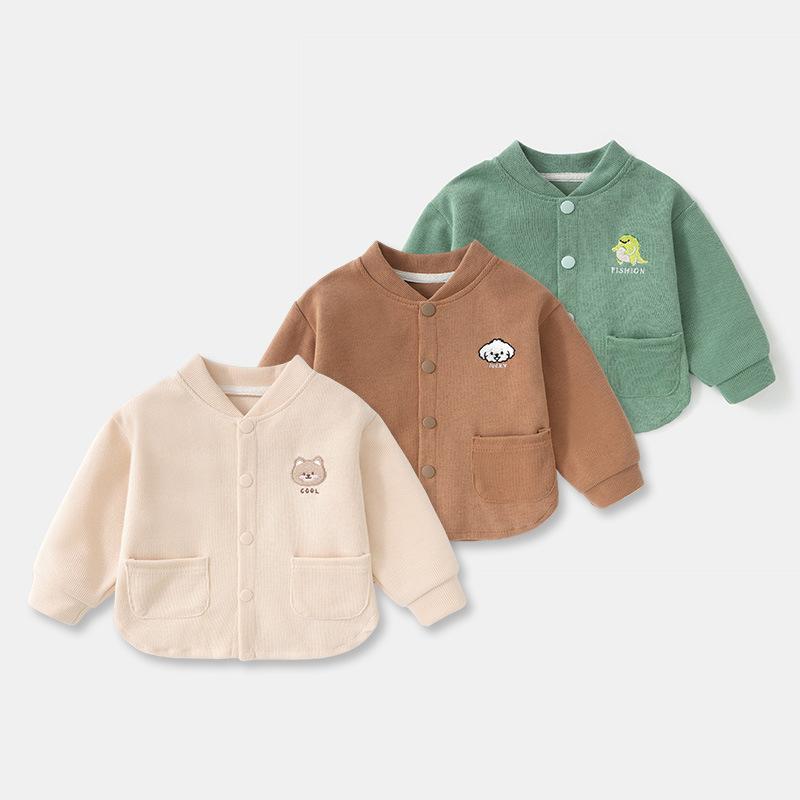 アウター キッズ 男の子 女の子 ベビー 子供 秋冬 ベースボールジャケット スタジャン 綿 コットン 韓国風 キャラクターイラスト 長袖 ショート丈 カジュアル 普段使い 通園 通学 カーキ ベージュ グリーン