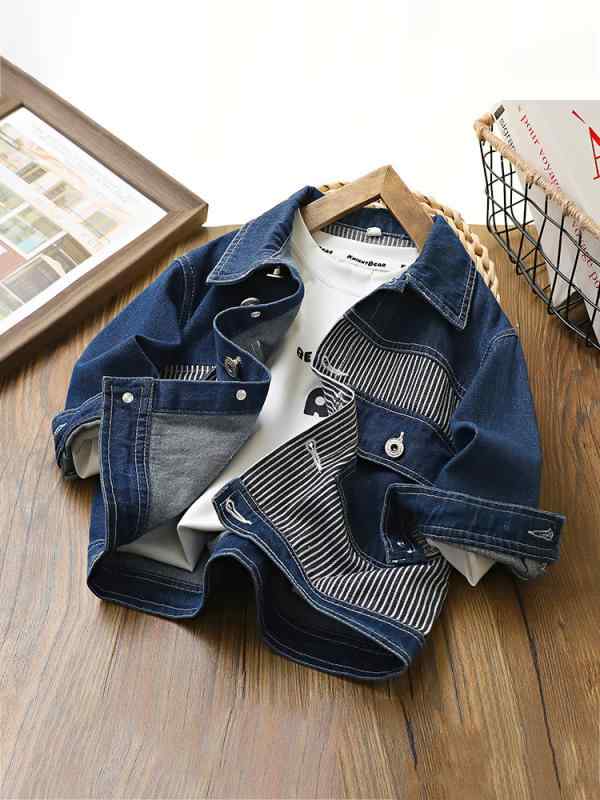 アウター キッズ 男の子 女の子 男女兼用 ジュニア デニムジャケット Gジャン 韓国風 綿 コットン 襟付き ショート丈 ストライプ柄 ブルー 春秋 普段使い 通学 羽織り