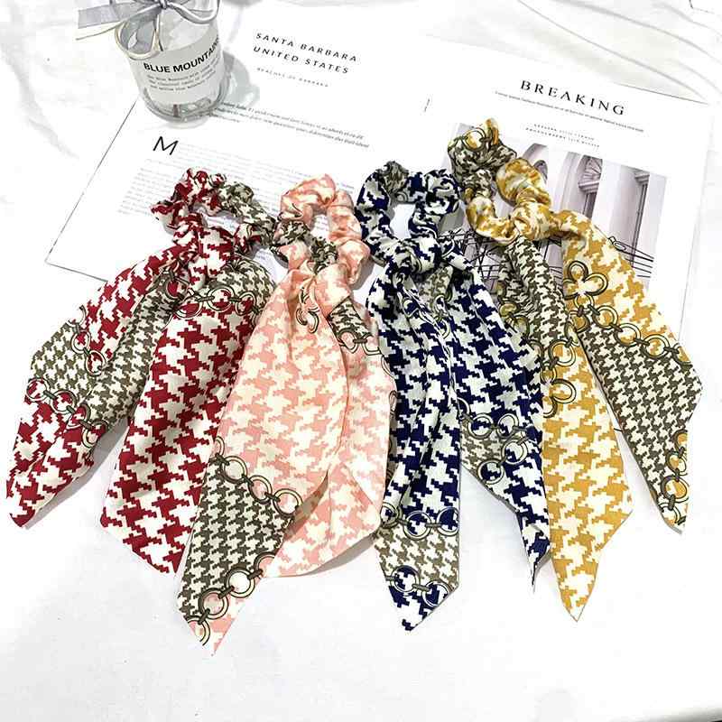 シュシュ レディース 韓国風 千鳥格子柄 チェーン ビッグリボン スカーフリボン ポニーテール用 ヘアゴム 布製 かわいい 上品 普段使い 髪飾り ヘアアクセサリー