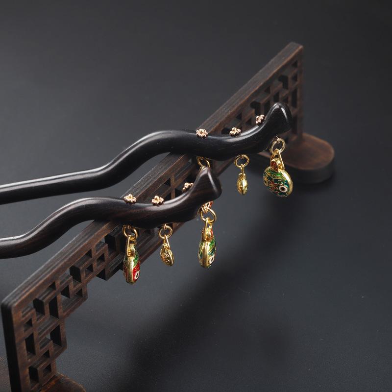 簪 レディース 金運モチーフ 七宝焼き 黒檀 天然木 シンプル レトロ 髪飾り 和装 チャイナドレス まと..