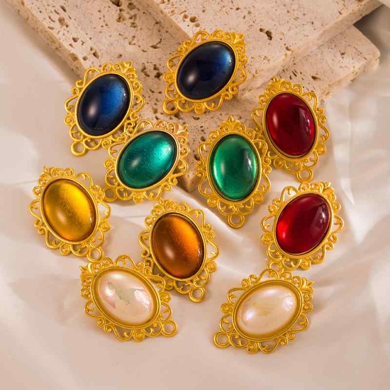 イヤリング レディース 欧米風 レトロ クラシック 楕円形 オーバル 合金 スカラップ 樹脂装飾 幾何学模様 個性的 ファッション シンプル 白パール グリーン レッド ブルー