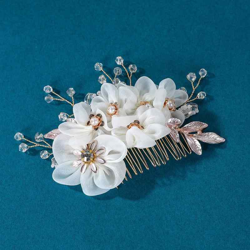 ヘッドドレス レディース 女性用 花嫁 結婚式 ウェディング 欧米風 手作り ハンドメイド フラワー コサージュ ヘアクリップ バレッタ ゴールド シルバー 白クリスタル(x2)