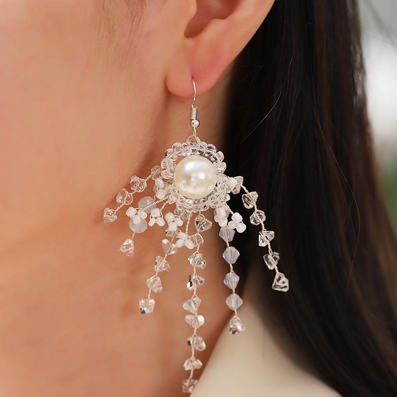 耳飾り レディース 女性用 パール パール フラワー 花 手編み ハンドメイド レトロ クラシカル ヴィンテージ 上品 エレガント デザイン 春夏(x2)