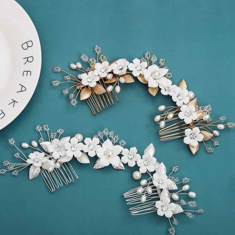 ヘアアクセサリー レディース 夏 チャイナ風 漢服風 レトロ アンティーク フラワーモチーフ ソフトクレイ 陶器製 パール クリスタル 手作り 挿し櫛 ヘアコーム 髪飾り ゴールド シルバー(x2)