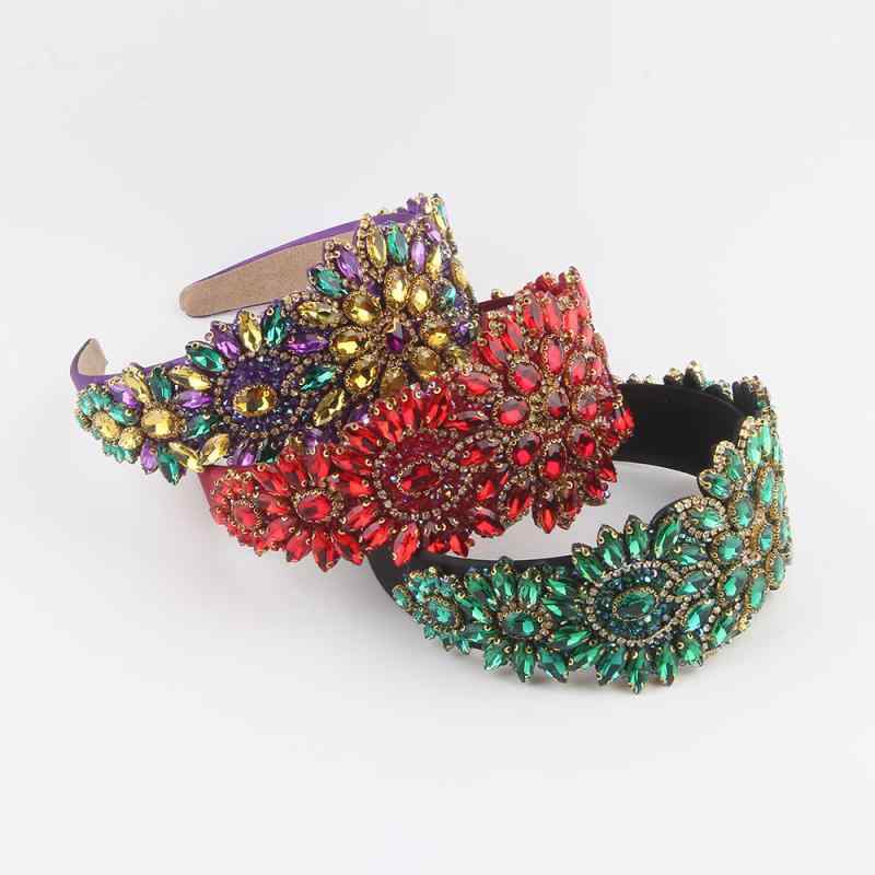 ヘアアクセサリー レディース 女性用 欧米風 バロック調 レトロ アンティーク 凝ったデザイン ラインストーン フルラインストーン フラワー 花モチーフ ワイド幅 太め カチューシャ ヘアバンド 春夏