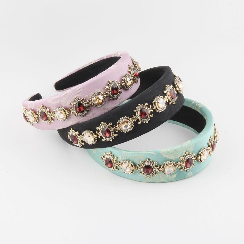 ヘアアクセサリー レディース 韓国風 バロック調 凝ったデザイン プリント柄 ラインストーン ビジュー 幅広 カチューシャ レトロ クラシック エレガント 上品 頭頂部ボリュームアップ 高見え 布製 ヘアバンド ヘッドバンド