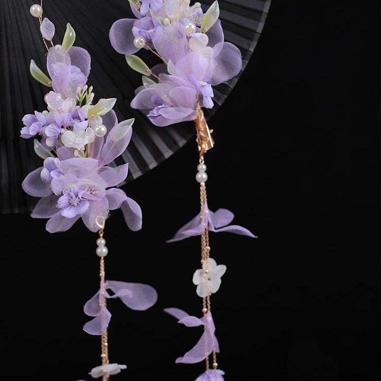 髪飾り レディース 中華風 漢服スタイル かんざし 歩揺 タッセル飾り ヘアバンド 春夏 パープル お団子..