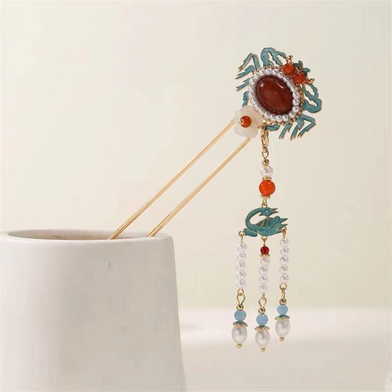 ヘアアクセサリー キッズ 子供用 カニモチーフ 合金製 高級感 古風 チャイナドレス 漢服 焼青風 タッセ..