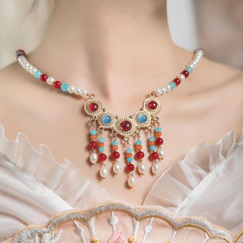 ネックレス レディース 漢服 中国古典衣装 古典風 チャイナドレス モチーフ 宮廷風 レトロ 瓔珞 ショート チョーカー レッド ブルー ベ..