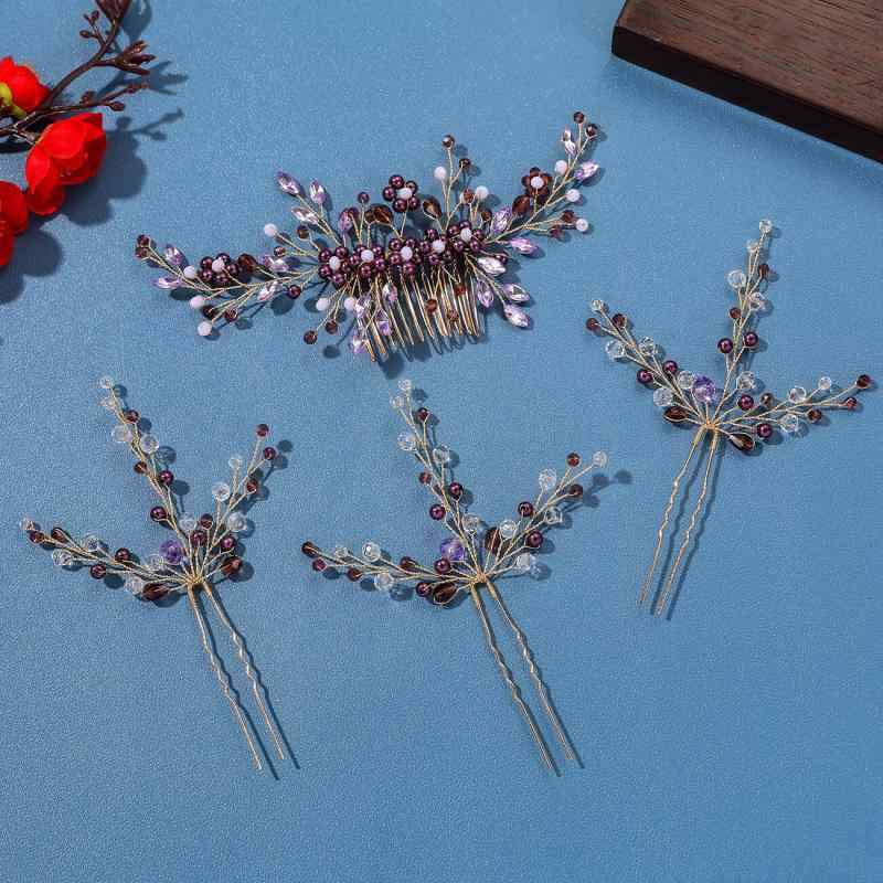 ヘアアクセサリー レディース ブライダル ウェディング 花嫁 髪飾り ヘッドドレス ハンドメイド レトロ アンティーク調 花モチーフ パープル 紫色 クリスタル ゴールド アップヘア まとめ髪 コーム かんざし 挿しコーム セット(x3)