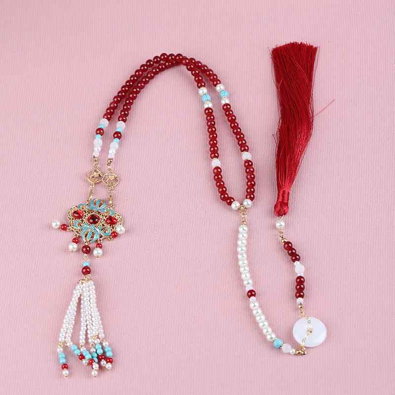 ネックレス 漢服 チャイナドレス 馬面スカート 古典風 新中国風 民族風 レトロ 瓔珞 ロングタッセル 赤色 ビーズ フェイクパール ドロップ型 しずく型 華やか ペンダント イベント アクセサリー