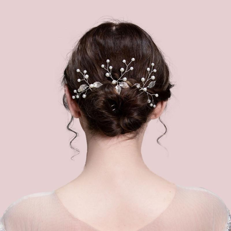 髪飾り レディース 3点セット 欧米風 ゴールド シルバー リーフ ハンドメイド パール U字 かんざし ヘアピン 結婚式 ブライダル パーティー お呼ばれ フォーマル ヘアアクセサリー(x3)