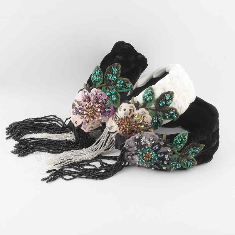 ヘアバンド レディース 欧米風 スタイリッシュ 幅広 ベロア 編み込み クリスタル フラワー タッセル ラインストーン 高級感 軽やかラグジュアリー パーティー ダンス イベント 秋冬 髪飾り ヘッドアクセサリー