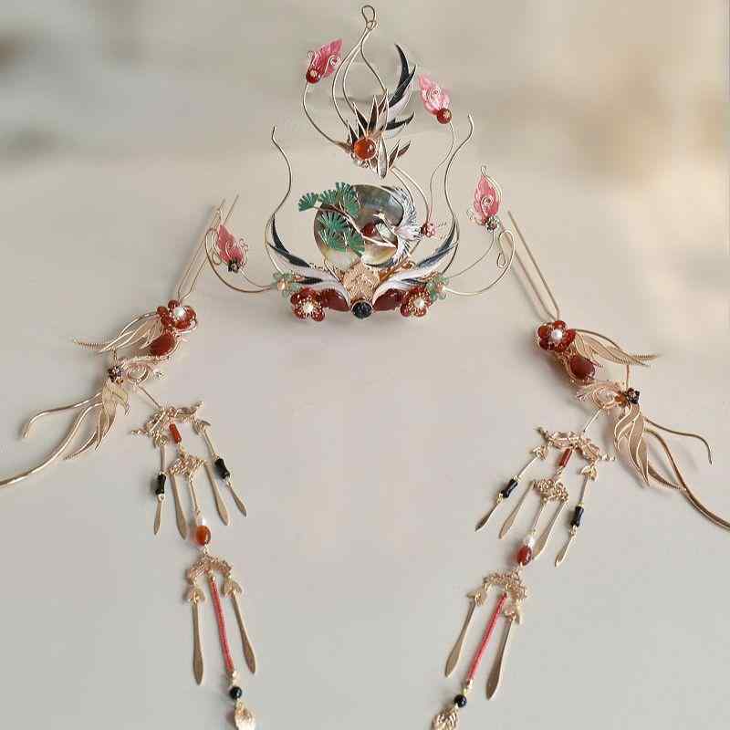 ヘアアクセサリー レディース 女性用 漢服スタイル 古風 レトロ調 かんざし 鶴モチーフ 歩揺 手作り 髪飾り ヘアピン 金属製 和装 着物 浴衣 成人式 卒業式 結婚式 パーティー エレガント