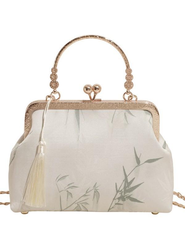 バッグ レディース 中国風 竹葉柄 チャイナドレスデザイン シルク エレガント レトロ 手提げ ミニ 鞄 普段使い 横型 スクエア アジアンテイスト ロック金具 しなやか素材 グリーン系 ブラック