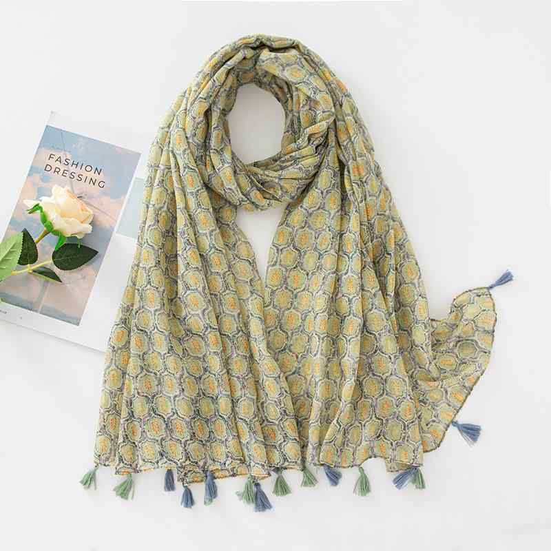 ストール レディース 女性用 バリ紗 綿麻 薄手 手触り ナチュラル さわやか 花柄 プリント フリンジ ショール スカーフ アボカドグリーン 日よけ 冷房対策 普段使い(4)