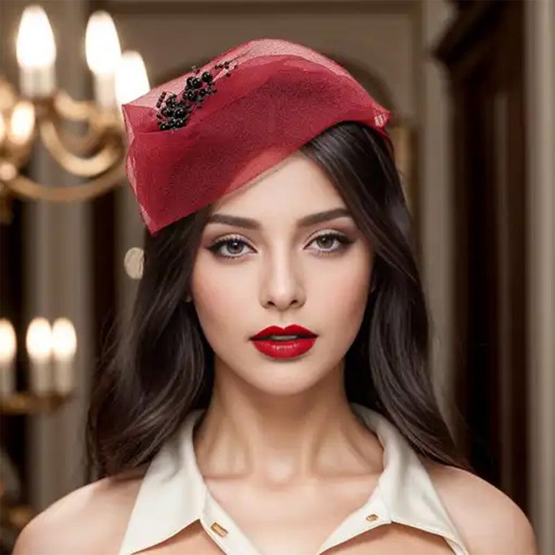 ヘッドドレス レディース 女性用 春夏 フレンチスタイル ミニハット カチューシャ チュール メッシュ 薄手 通気性 ビーズ パール 飾り パーティー 発表会 結婚式 二次会 フォーマル ダンス エレガント 上品 高級感 華やか 髪飾り