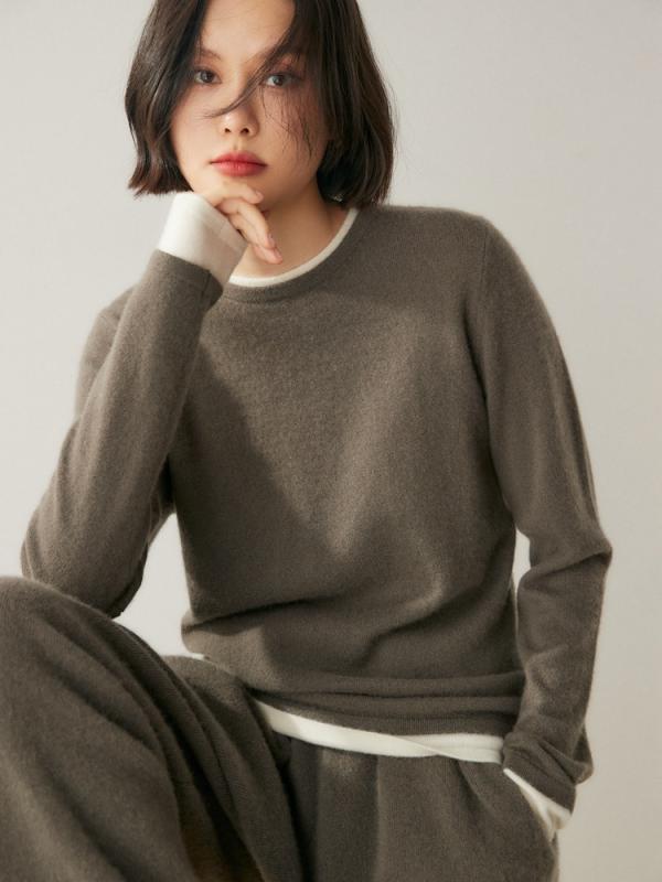 ニット レディース 秋冬 カシミヤ ハーフネック 切り替え バイカラー ゆったり プルオーバー 長袖 厚手 韓国風 きれいめ 上品 通勤 オフィス トップス