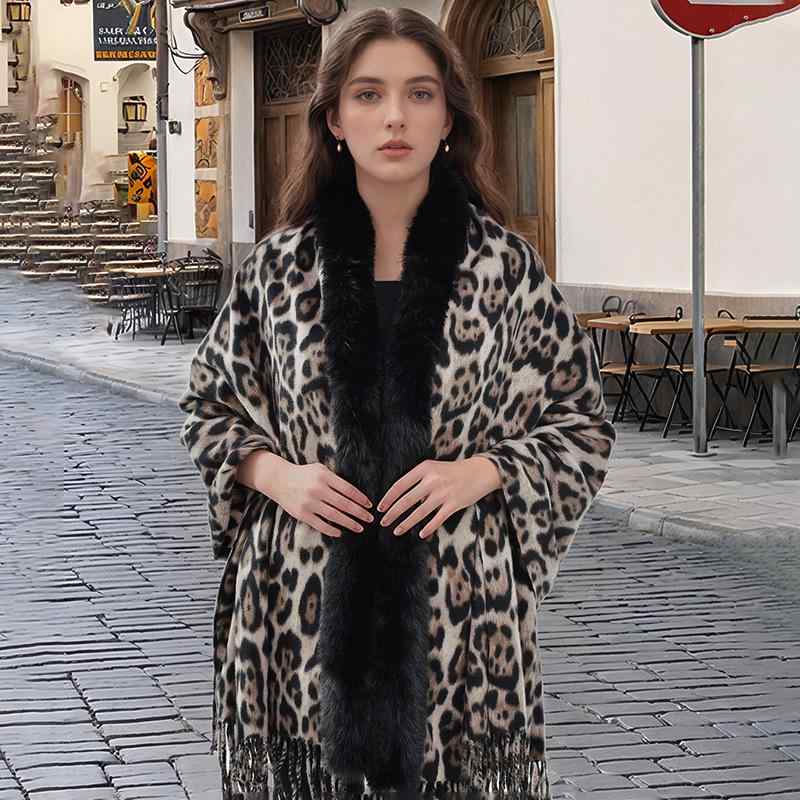 ストール レディース ヒョウ柄 レオパード柄 ファー襟 ショール ポンチョ ケープ フリンジ マルチウェ..