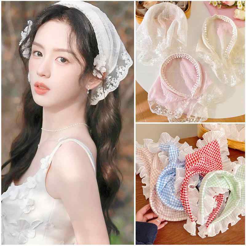 ヘアアクセサリー キッズ 女の子 レース 三角スカーフ ヘアバンド カチューシャ バンダナ 布製 フリル 髪飾り オフホワイト ピンク ブルー レッド グリーン...
