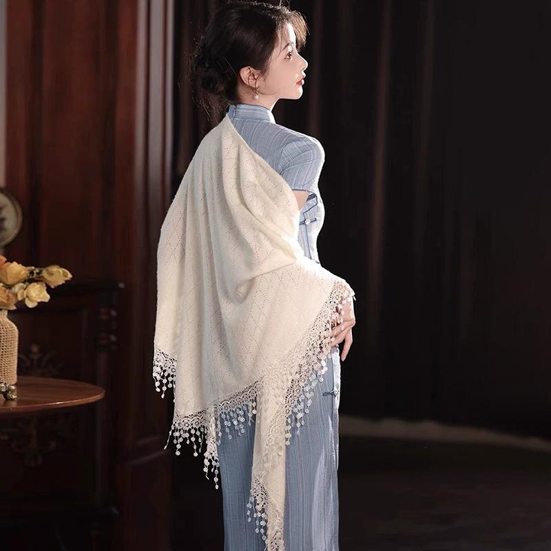 ショール レディース オフホワイト フリンジ 透かし編み ニット カーディガン 羽織り チャイナドレス レトロ 中華風 万能 ケープ ストール 冷房対策 春夏秋 上品 カジュアル(x2)
