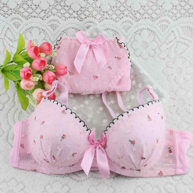 ブラジャーショーツセット ティーンズ ガールズ 少女 綿混 レース シフォン ドット 水玉 小花柄 小胸 ..