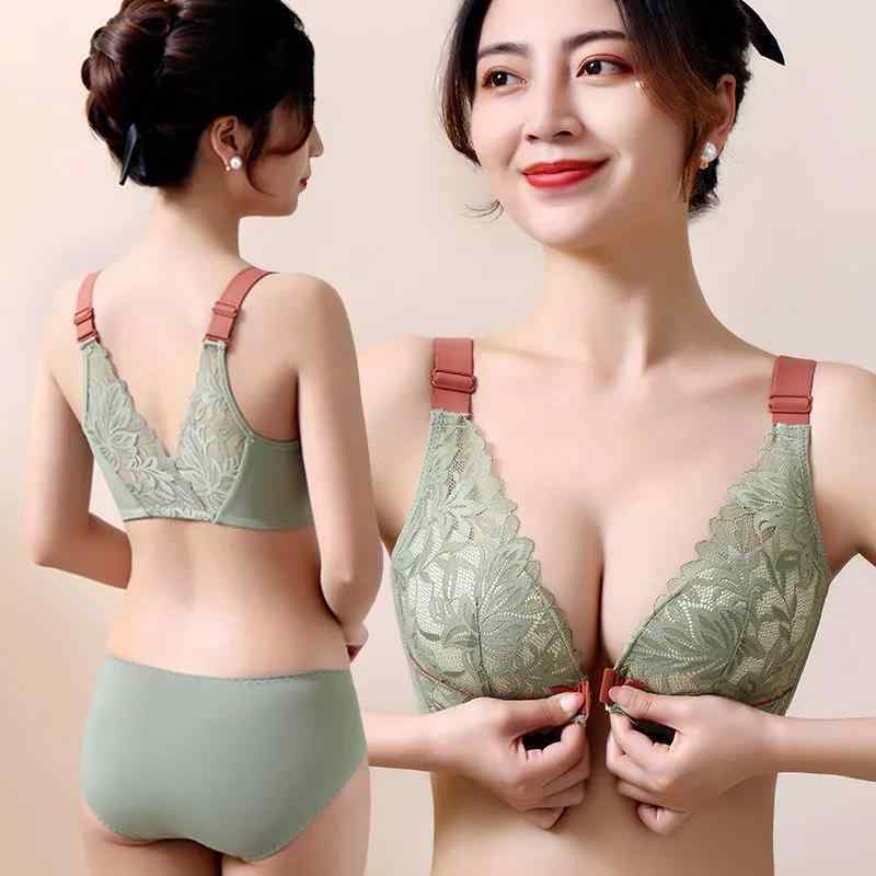 ブラジャー &amp; ショーツセット レディース レース フロントホック ノンワイヤー 小胸 谷間メイク 脇..