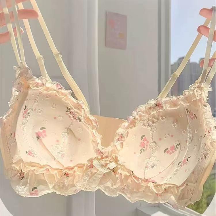 ブラジャー レディース ノンワイヤー 小花柄 レース 谷間メイク ボリュームアップ 脇高 脇肉すっきり ..