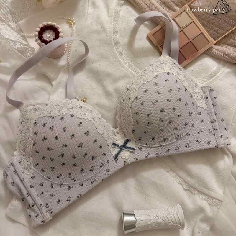 ブラジャー＆ショーツセット レディース ノンワイヤー 小花柄 レース 谷間メイク 盛りブラ 小胸 3/4カ..