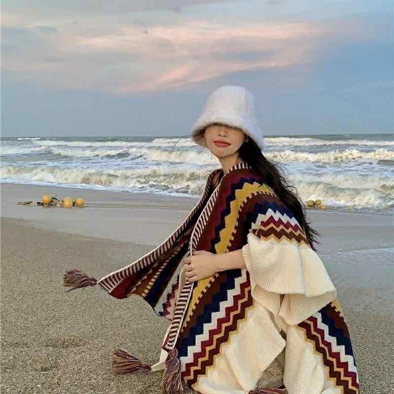 ショール レディース 民族風 ボヘミアン レトロ フリルヘム 大判 ロング丈 旅行 トラベル 春夏 冷房対策 ポリエステル 防寒 おしゃれ ダークブラウン ピーコックブルー