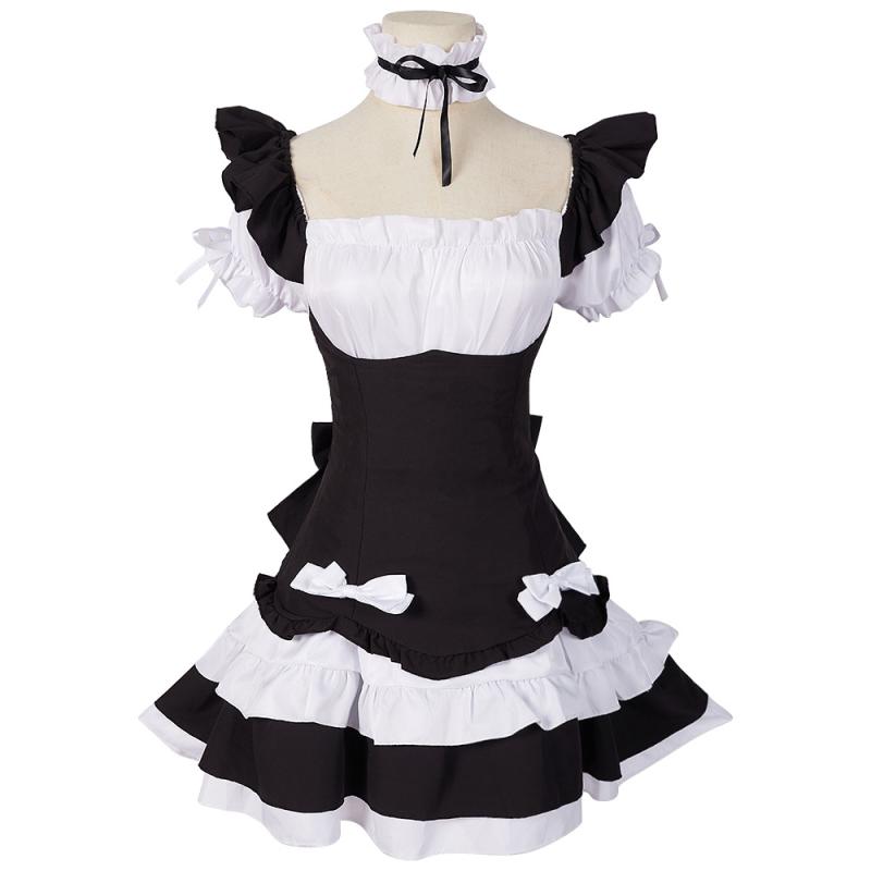 メイド服 レディース 女性用 かわいい キュート 日系アニメ 異世界 レストラン カフェ 制服 ユニフォーム ロング丈 フレアスカート ポリエステル 混紡 コスプレ 衣装 春夏 イベント 仮装 ハロウィン(4)