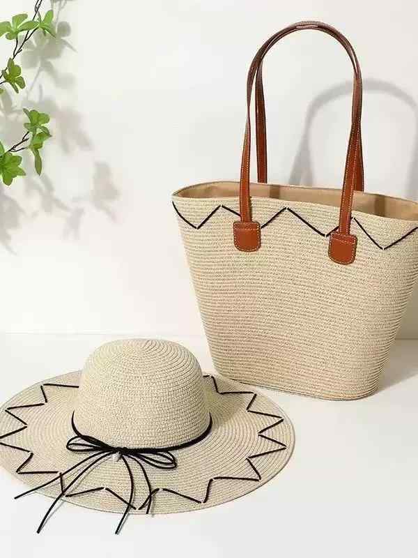 レディース バッグ ストロー ライン柄 編み込み トートバッグ ショルダーバッグ 2点セット 大容量 リゾート ビーチ 通勤 普段使い 旅行 カジュアル 春夏 合わせやすい 万能