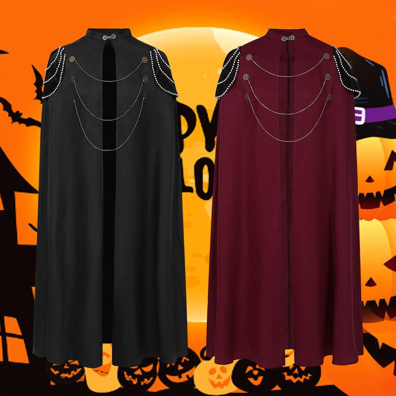 マント 男女兼用 中世ヨーロッパ 王宮風 ロイヤル レトロ ビンテージ フード付き 肩パッド付き ビーズ装飾 歯車チェーン メタルチェーン 舞台衣装 演劇 コスプレ イベント ポリエステル ブラック ワインレッド