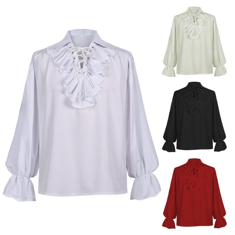 コスチューム 男性用 ハロウィン 中世風 欧米風 レトロ ヴィンテージ レースアップ パフスリーブ フリル トップス 仮装 舞台 演劇 イベント ポリエステル