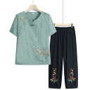 セットアップ レディース ミセス 中高年 祖母 お母さん 夏 綿麻素材 半袖Tシャツ トップス 九分丈パンツ クロップド丈 ゆったり カジュアル きれいめ エレガント 上品 普段使い お出かけ リラックス