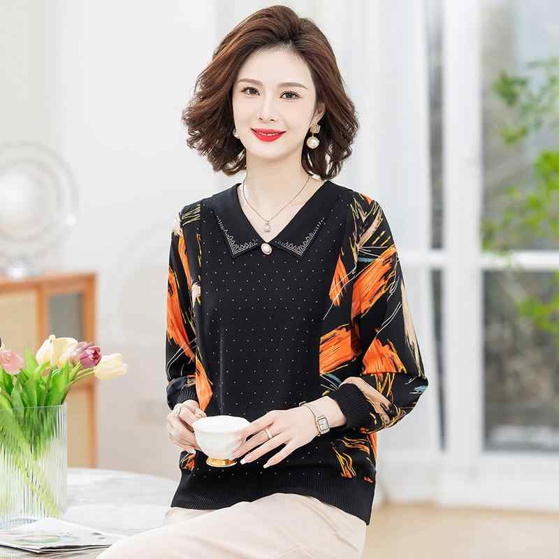 Tシャツ レディース ミセス 春夏 薄手 長袖 襟付き シアー袖 花柄 プリント カットソー 中高年 女性用 ポリエステル ラインストーン エレガント 普段使い お出かけ レギュラーフィット