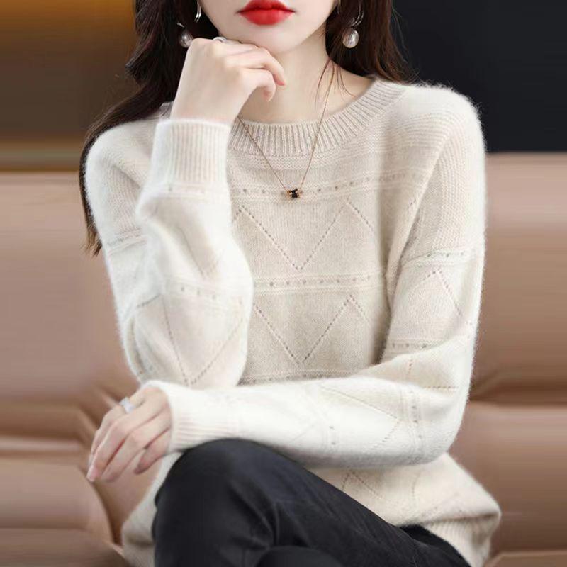 ニット レディース ウール セーター ゆったり 長袖 厚手 あったか トップス インナー 秋冬 ラウンドネック 普段使い 通勤 ブラック ホワイト キャメル