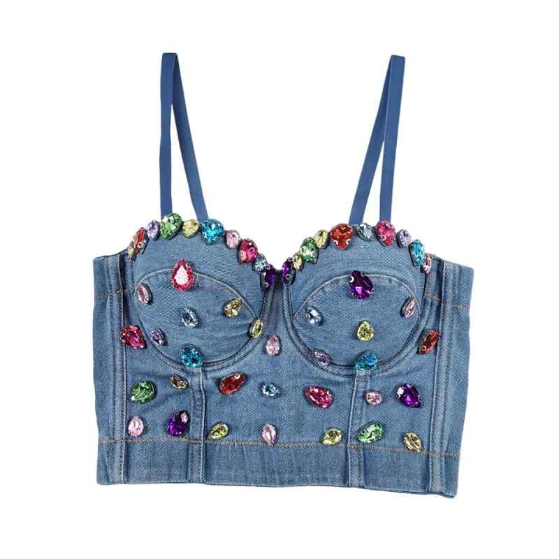 ビスチェ レディース デニム 綿 レトロ ロックスタイル ストリート ドロップラインストーン カラーストーン バックデザイン ショート丈 へそ出し タイトフィット ストレッチ 夏 ステージ イベント ダンス デニムブルー