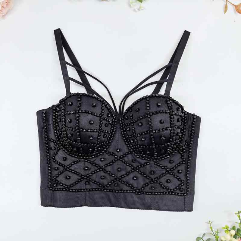 ブラジャー レディース 欧米スタイル ハンドメイド ビーズ パール 細ストラップ クロスデザイン セクシー ランジェリー 寄せ上げ 谷間メイク ホールド 着痩せ効果 美背 バックシャン 通気性 快適 補正下着 ポリエステル 3/4カップ 秋冬