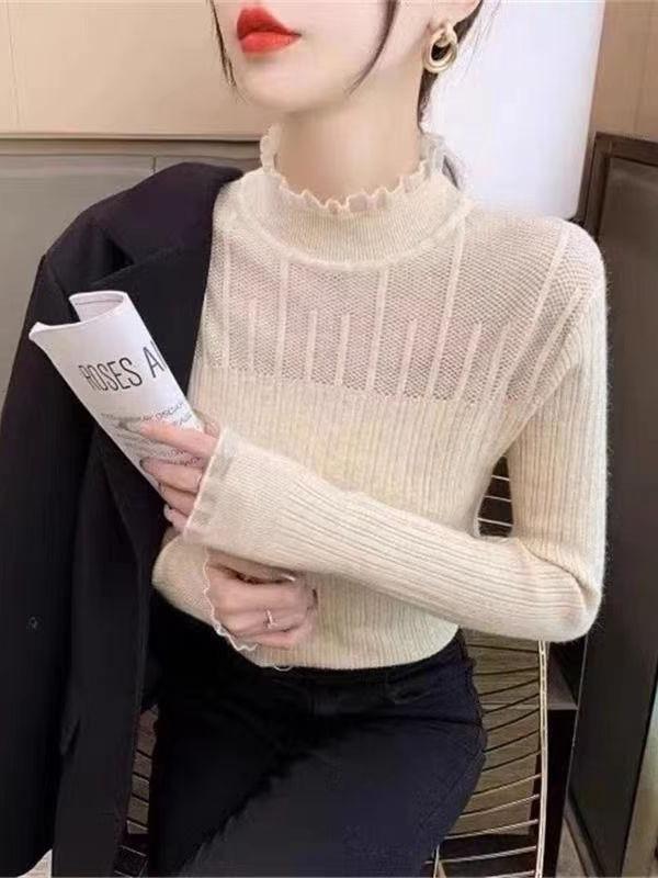 ニット レディース セーター トップス インナー 秋冬 レース ハーフネック 透かし編み 長袖 スリムフィット 通勤 オフィス きれいめ エレガント