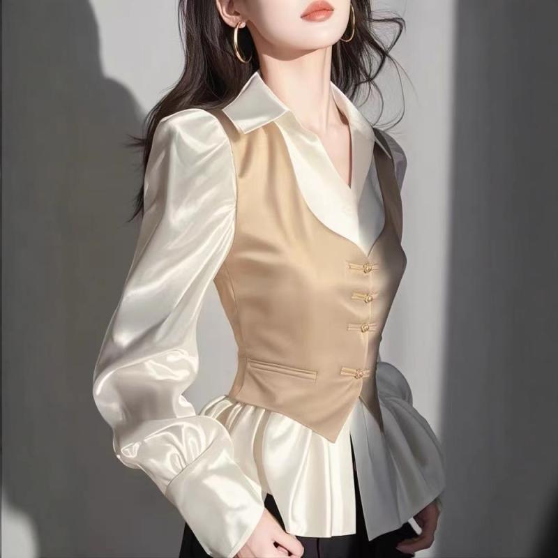 シャツ レディース 新チャイナ風 インナー 春夏 高級感 ウエストマーク カーキ フェイクレイヤード 重ね着風 ポリエステル ポロ襟 長袖 通勤 オフィス 上品 エレガント 普段使い