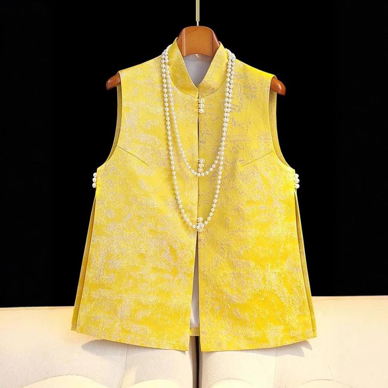 ベスト レディース 新チャイナ風 禅テイスト スタンドカラー 前開き 切り替えデザイン 黄色 花柄 小柄向け 上品 エレガント ポリエステル 春夏