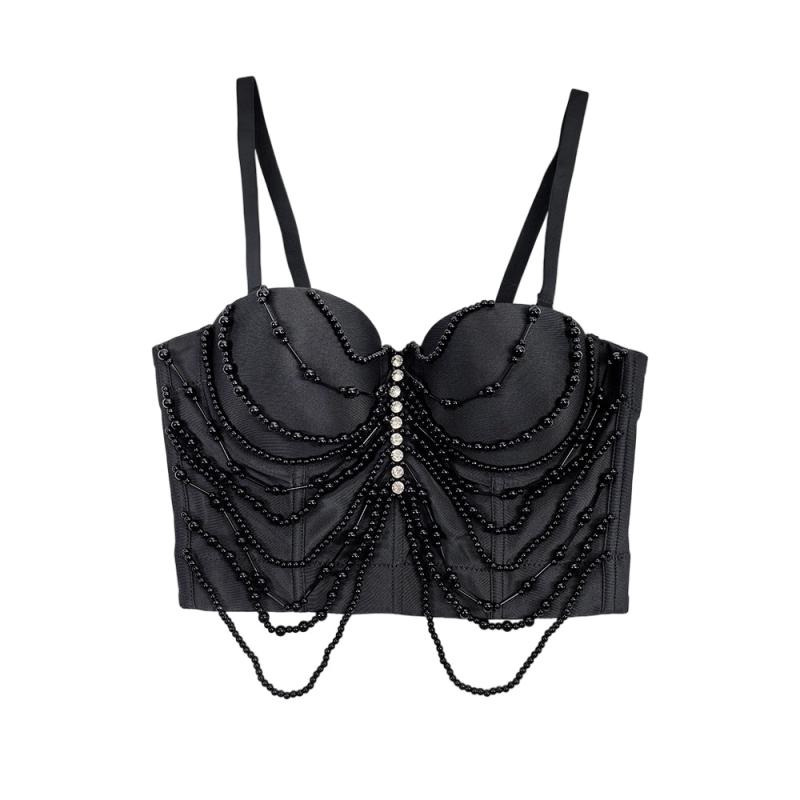 ブラトップ レディース フレンチデザイン 高級感 一体型カップ付き フリンジ パール飾り ベアトップ 寄せ上げ プッシュアップ 美背 オープンバック 通気性 快適 普段使い ファッション ブラック ポリエステル