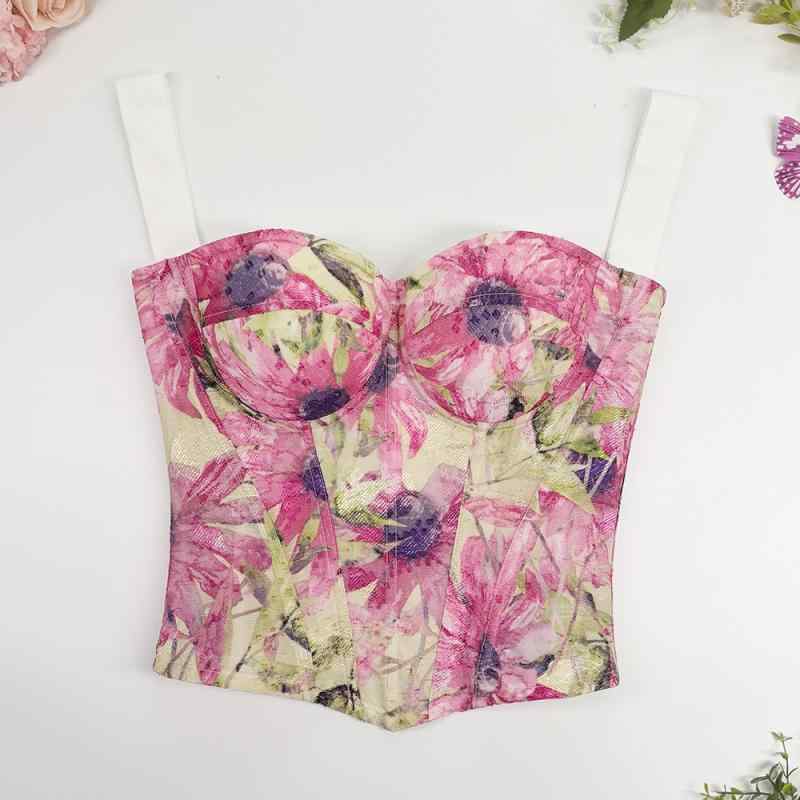 ストラップビスチェ レディース フレンチカントリー ピンク シフォン 花柄 ジャガード 美背 ボーン入り コルセット 補正下着 ボディシェイパー トップス 春夏