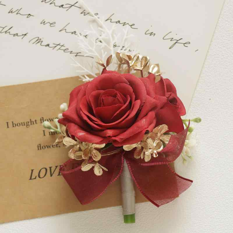 造花 結婚式 ブライダル 披露宴 セレモニー 祝賀会 開店祝い コサージュ ブートニエール リストレット ゲスト用 リアル再現 フェイク レッド 布製(x2)
