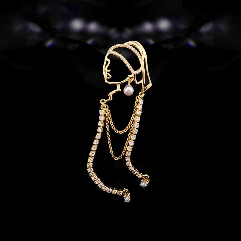 ブローチ レディース パールの耳飾りの少女 フリンジ タッセル 個性的 デザイン アシンメトリー ラインストーン 合金製 スーツ ジャケット フォーマル ビジネス 上品 エレガント フェミニン 高級感 繊細