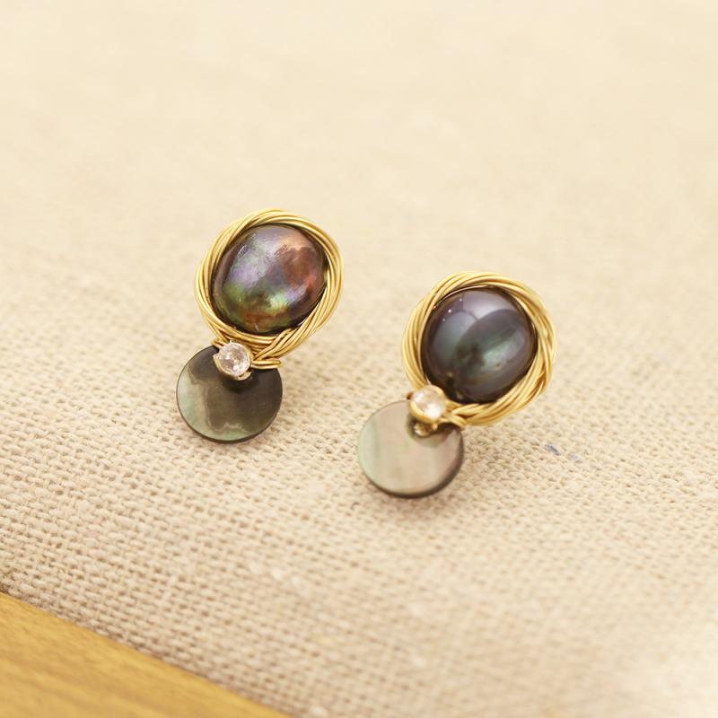 Cubic Zirconia - ピアス レディース 秋冬 変形 パール パール シェル 貝殻 ハンドメイド 手作り ゴールドメッキ 金メッキ S925シルバーポスト 個性的 ユニーク 高級感 イヤリング 耳飾り